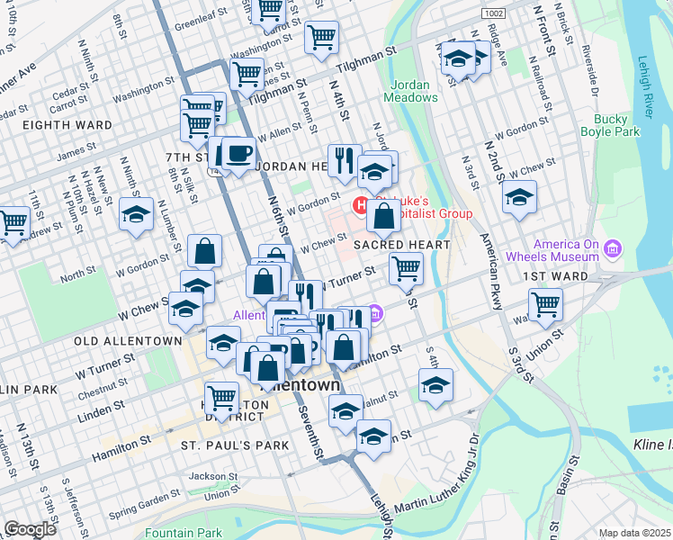 map of restaurants, bars, coffee shops, grocery stores, and more near 212 North 5th Street in Allentown