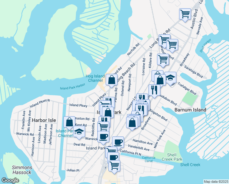 map of restaurants, bars, coffee shops, grocery stores, and more near 108 Parma Road in Island Park