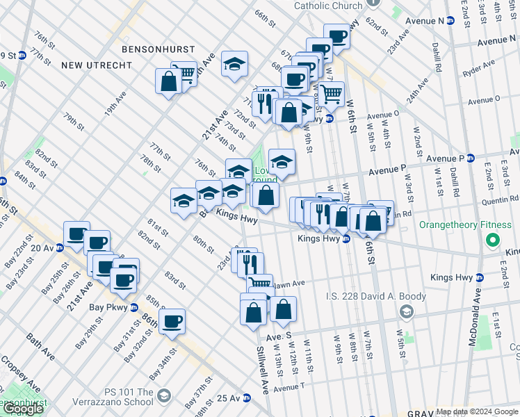 map of restaurants, bars, coffee shops, grocery stores, and more near 1633 West 13th Street in Brooklyn