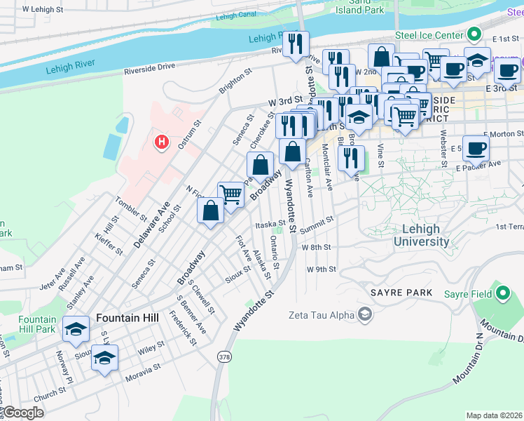 map of restaurants, bars, coffee shops, grocery stores, and more near 539 Jischke Street in Bethlehem