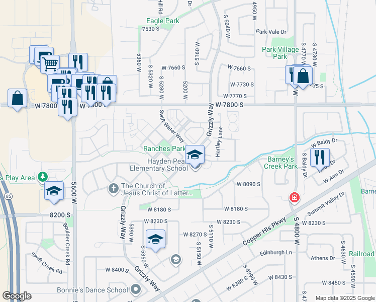 map of restaurants, bars, coffee shops, grocery stores, and more near 5183 Swift Water Way in West Jordan