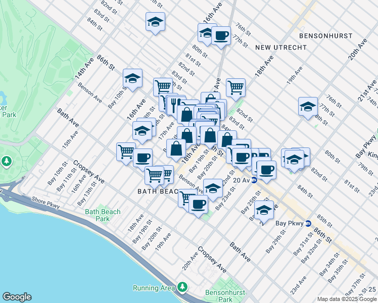 map of restaurants, bars, coffee shops, grocery stores, and more near 8648 18th Avenue in Brooklyn