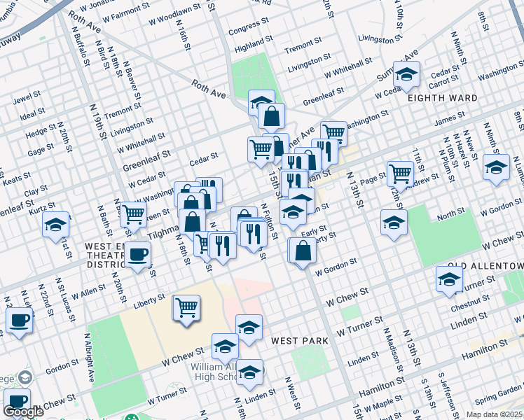 map of restaurants, bars, coffee shops, grocery stores, and more near 628 North Fulton Street in Allentown