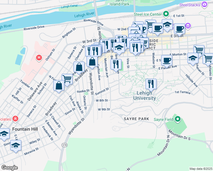 map of restaurants, bars, coffee shops, grocery stores, and more near 535 Montclair Avenue in Bethlehem