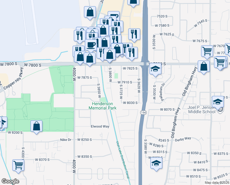 map of restaurants, bars, coffee shops, grocery stores, and more near 7961 South 3800 West in West Jordan