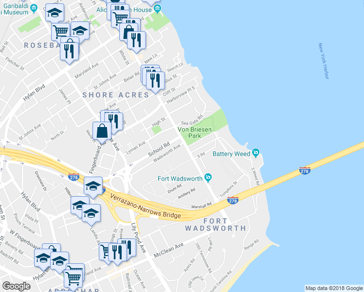 map of restaurants, bars, coffee shops, grocery stores, and more near 4 Wadsworth Avenue in Staten Island