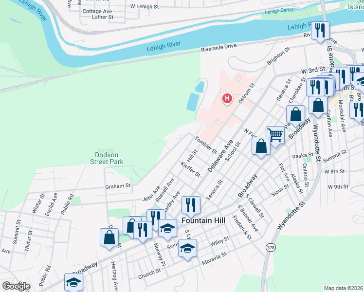 map of restaurants, bars, coffee shops, grocery stores, and more near 1006 Graham Street in Fountain Hill