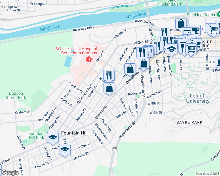 map of restaurants, bars, coffee shops, grocery stores, and more near 532 Fiot Street in Fountain Hill