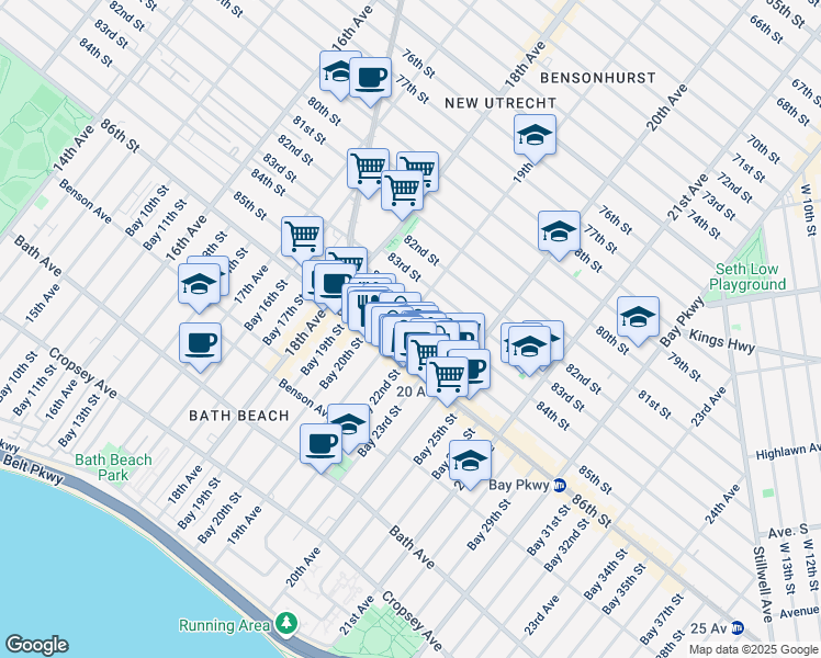 map of restaurants, bars, coffee shops, grocery stores, and more near 1901 85th Street in Brooklyn