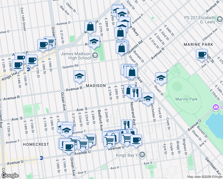 map of restaurants, bars, coffee shops, grocery stores, and more near 1823 East 27th Street in Brooklyn