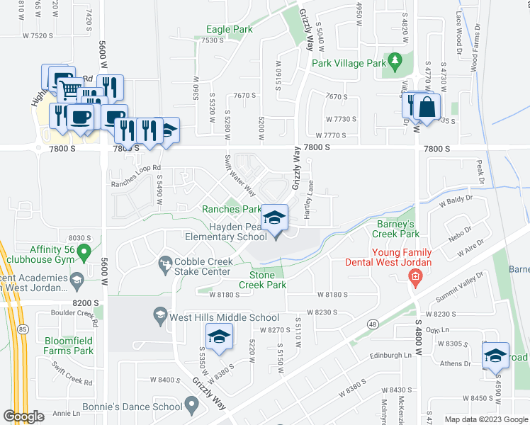 map of restaurants, bars, coffee shops, grocery stores, and more near 5183 Swift Water Way in West Jordan
