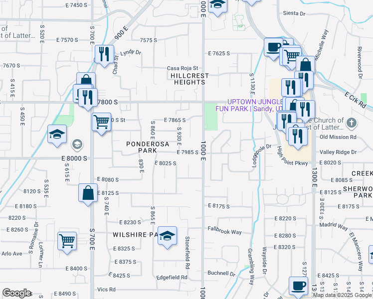 map of restaurants, bars, coffee shops, grocery stores, and more near 953 Cedar Terrace Dr in Sandy
