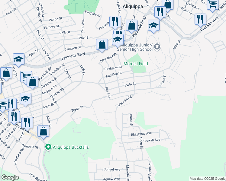 map of restaurants, bars, coffee shops, grocery stores, and more near 1313 Irwin Street in Aliquippa