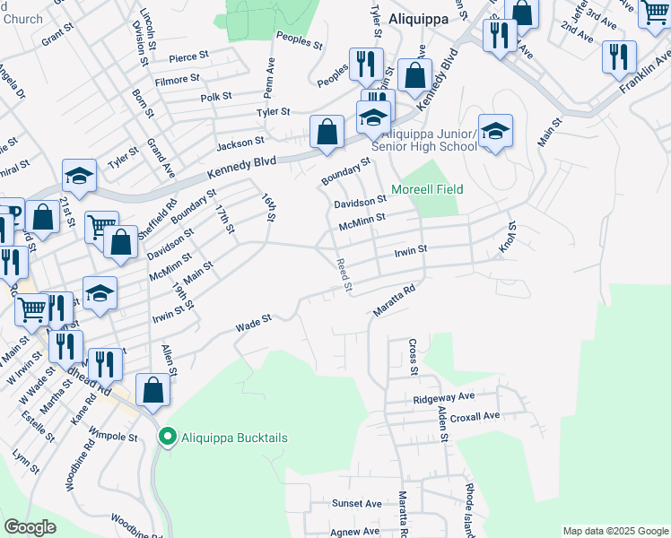 map of restaurants, bars, coffee shops, grocery stores, and more near 1499 Irwin Street in Aliquippa