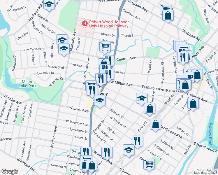 map of restaurants, bars, coffee shops, grocery stores, and more near 445 Maple Avenue in Rahway