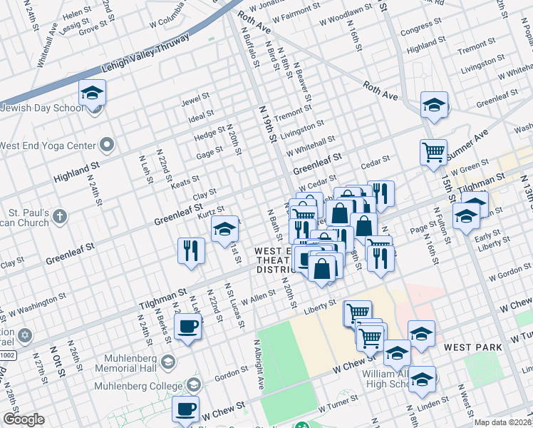 map of restaurants, bars, coffee shops, grocery stores, and more near 813 North 20th Street in Allentown
