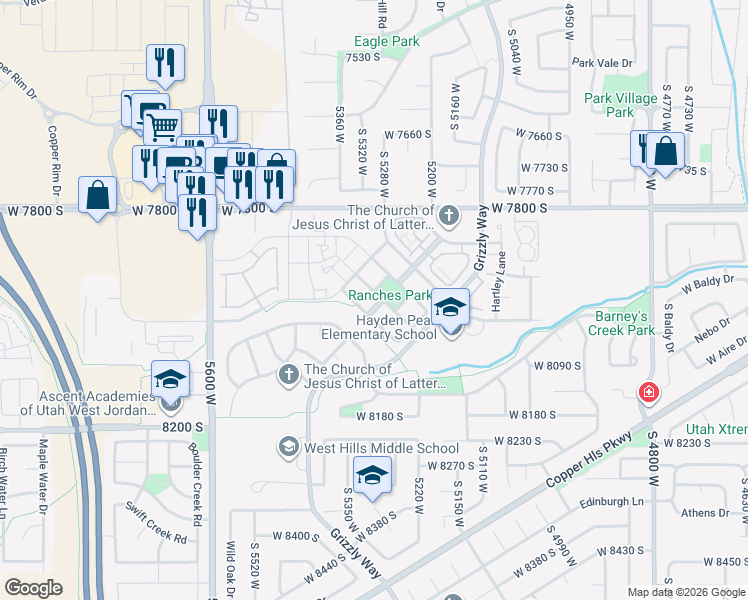 map of restaurants, bars, coffee shops, grocery stores, and more near 5297 Ranches Park Lane in West Jordan