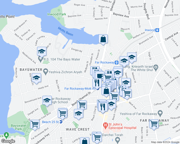 map of restaurants, bars, coffee shops, grocery stores, and more near 22-45 Dix Avenue in Queens