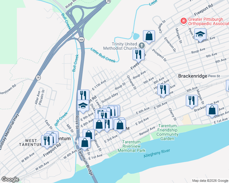 map of restaurants, bars, coffee shops, grocery stores, and more near 526 Roup Street in Tarentum
