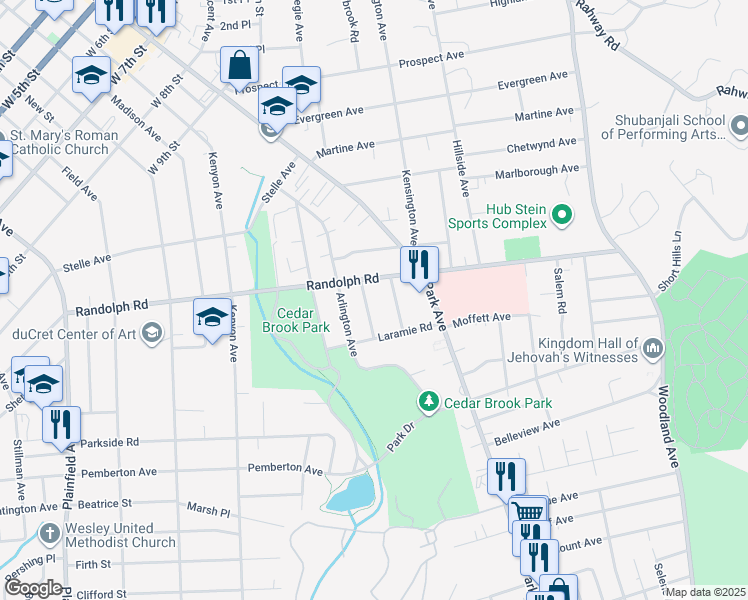 map of restaurants, bars, coffee shops, grocery stores, and more near 1217 Cameron Avenue in Plainfield