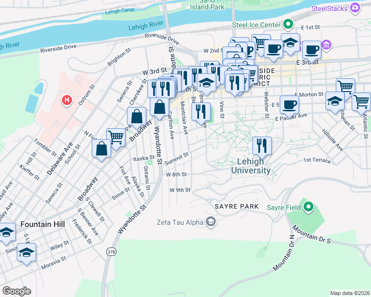 map of restaurants, bars, coffee shops, grocery stores, and more near 535 Montclair Avenue in Bethlehem