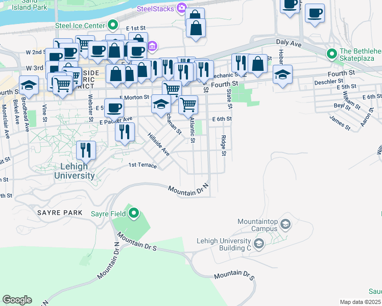 map of restaurants, bars, coffee shops, grocery stores, and more near 700 Atlantic Street in Bethlehem