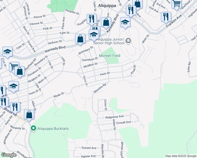 map of restaurants, bars, coffee shops, grocery stores, and more near 1224 Wade Street in Aliquippa