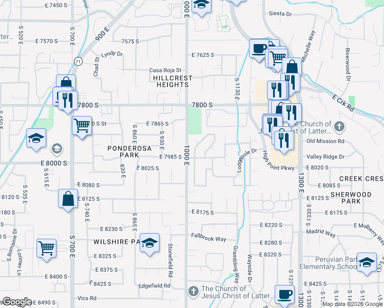 map of restaurants, bars, coffee shops, grocery stores, and more near 7970 Broken Ridge Drive in Sandy