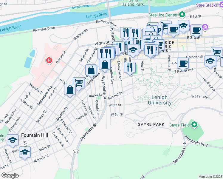 map of restaurants, bars, coffee shops, grocery stores, and more near 532 Carlton Avenue in Bethlehem