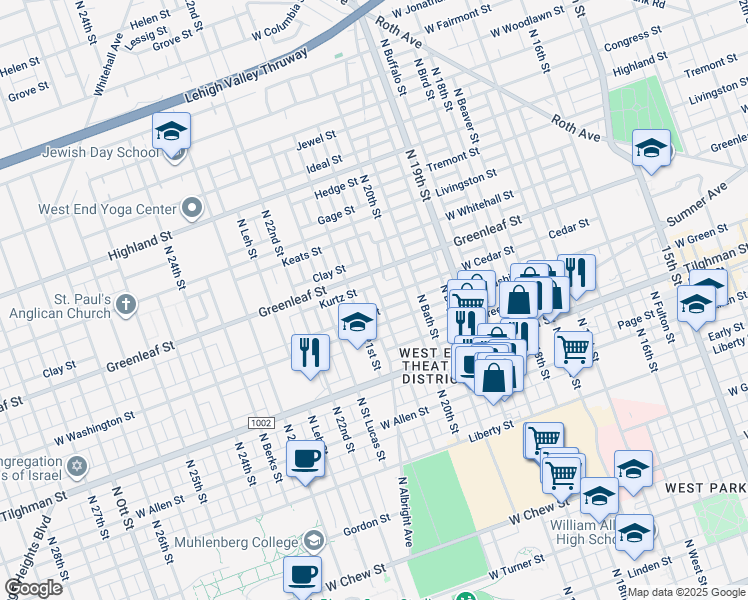 map of restaurants, bars, coffee shops, grocery stores, and more near 824 North Saint Elmo Street in Allentown