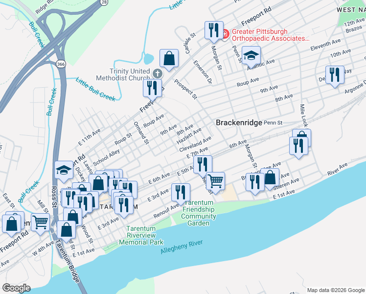 map of restaurants, bars, coffee shops, grocery stores, and more near 811 Cleveland Avenue in Brackenridge