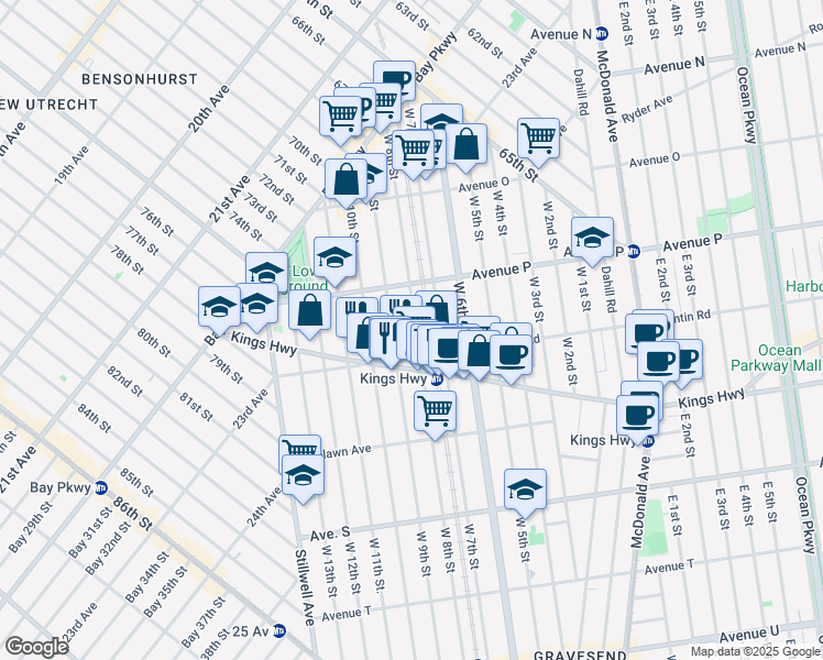 map of restaurants, bars, coffee shops, grocery stores, and more near 1654 West 8th Street in Brooklyn