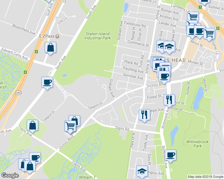 map of restaurants, bars, coffee shops, grocery stores, and more near 306 Graham Avenue in Staten Island