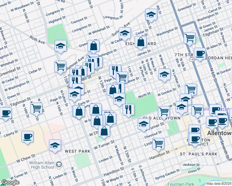 map of restaurants, bars, coffee shops, grocery stores, and more near 1215 Liberty Street in Allentown