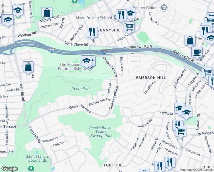 map of restaurants, bars, coffee shops, grocery stores, and more near 26 Beebe St in Staten Island