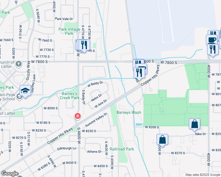 map of restaurants, bars, coffee shops, grocery stores, and more near South Nebo Drive in West Jordan