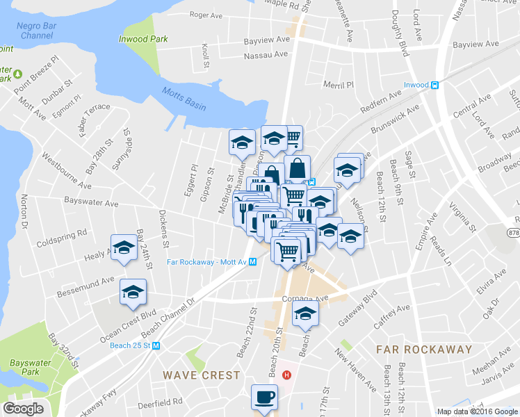 map of restaurants, bars, coffee shops, grocery stores, and more near 13-41 Beach Channel Drive in Queens