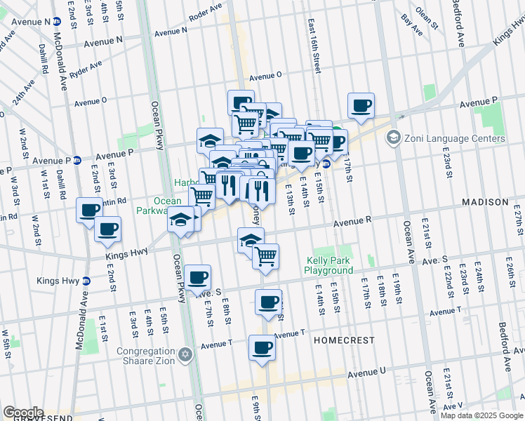 map of restaurants, bars, coffee shops, grocery stores, and more near 2084 Coney Island Avenue in Brooklyn