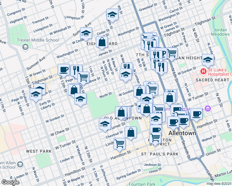 map of restaurants, bars, coffee shops, grocery stores, and more near 411 North 10th Street in Allentown