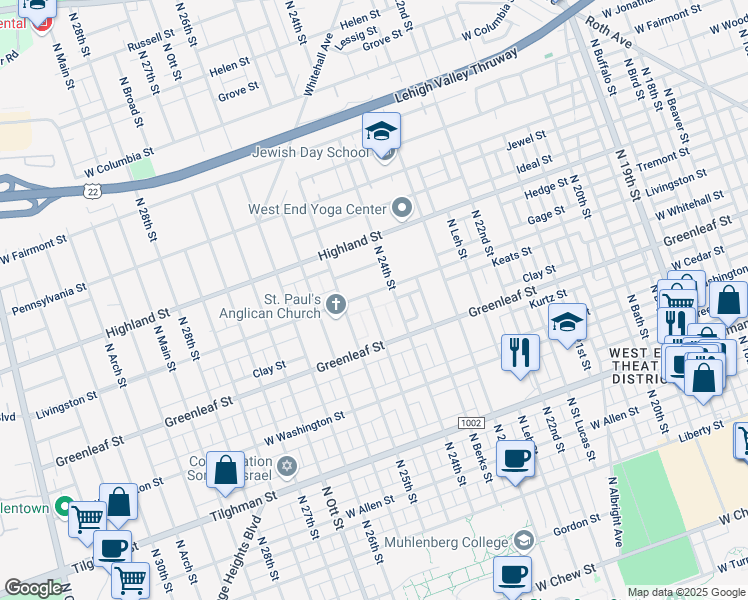 map of restaurants, bars, coffee shops, grocery stores, and more near 2422 Livingston Street in Allentown