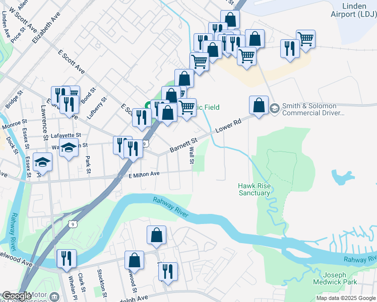 map of restaurants, bars, coffee shops, grocery stores, and more near 2080 Wall Street in Rahway