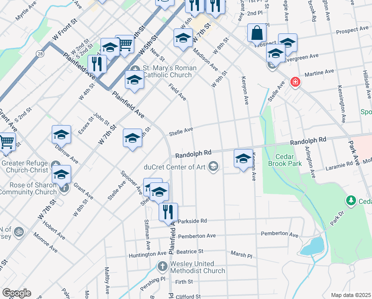 map of restaurants, bars, coffee shops, grocery stores, and more near 927 Beechwood Court in Plainfield