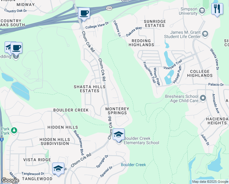 map of restaurants, bars, coffee shops, grocery stores, and more near 626 Olympic St in Redding