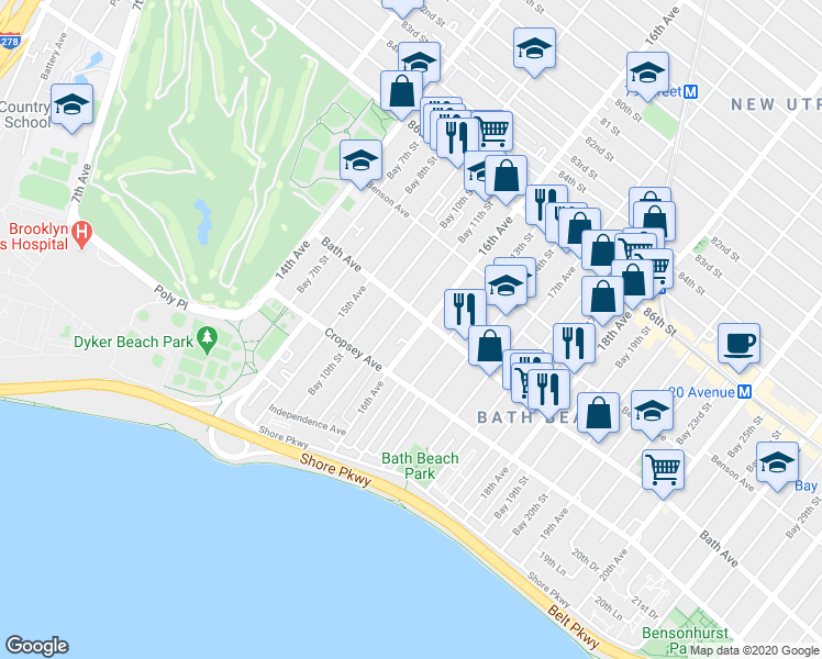 map of restaurants, bars, coffee shops, grocery stores, and more near 8784 16th Avenue in Brooklyn