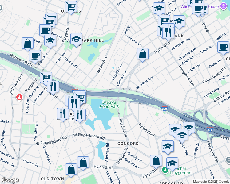 map of restaurants, bars, coffee shops, grocery stores, and more near 28 Staten Island Expressway in Staten Island
