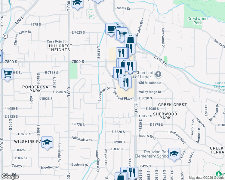 map of restaurants, bars, coffee shops, grocery stores, and more near 1223 12 Pines Circle in Sandy
