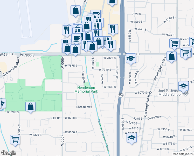 map of restaurants, bars, coffee shops, grocery stores, and more near 7961 South 3800 West in West Jordan