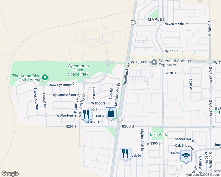 map of restaurants, bars, coffee shops, grocery stores, and more near 7957 Bury Road in West Jordan