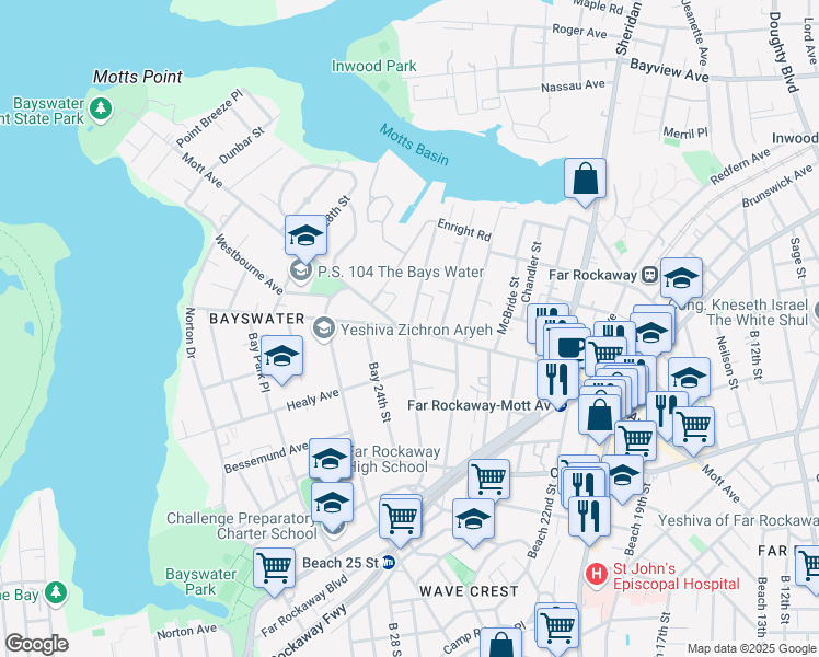 map of restaurants, bars, coffee shops, grocery stores, and more near 23-60 Mott Avenue in Queens