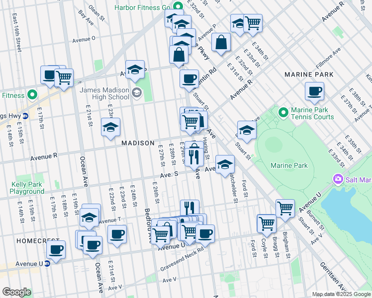 map of restaurants, bars, coffee shops, grocery stores, and more near 1831 East 29th Street in Brooklyn